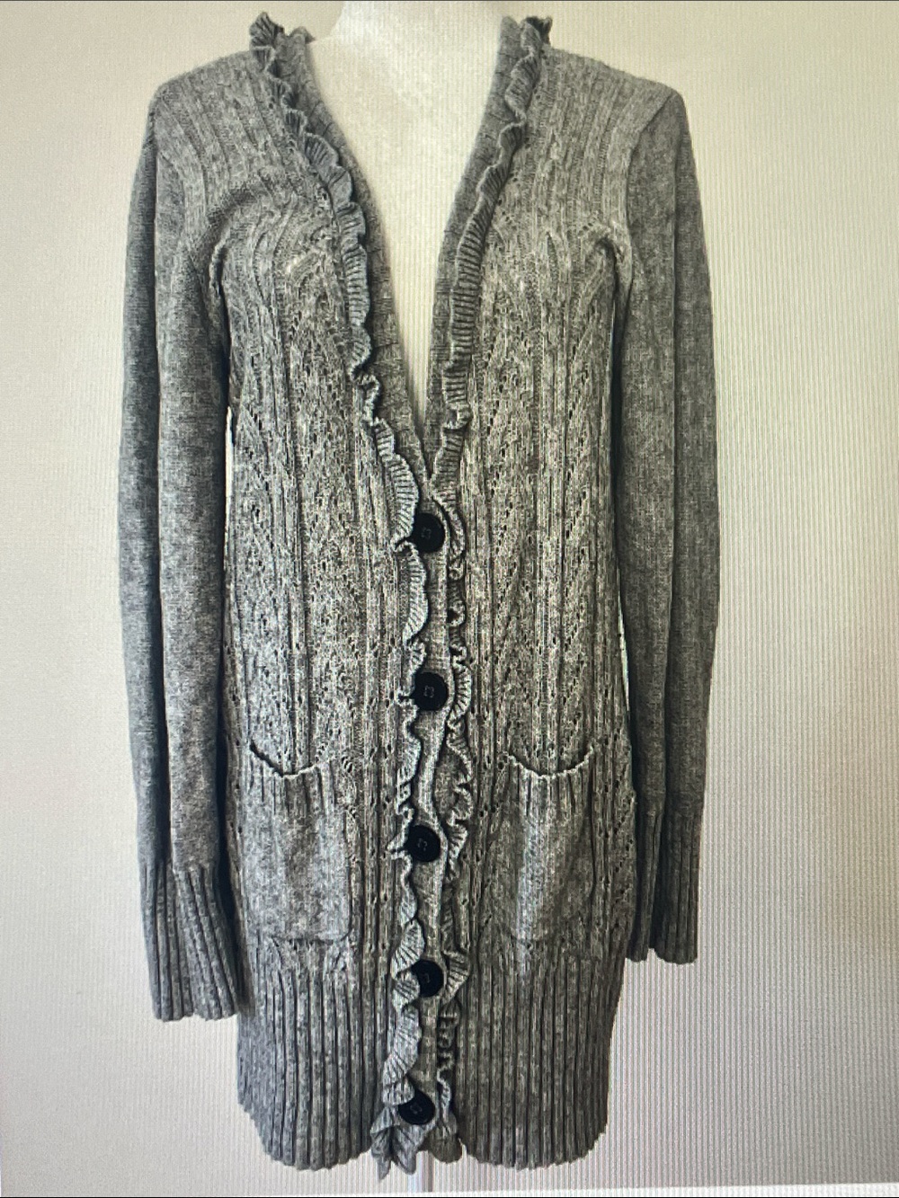 Free People Gray Ruffle-Trim Cable Knit Cardigan